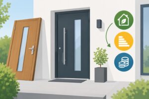 Grafische Darstellung einer neu eingebauten modernen Haustür mit Symbolen, welche die finanziellen und energetischen Vorteile des Tauschs illustrieren.